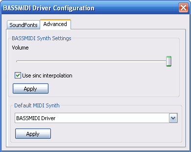 BASSMIDI Driver Configuration Utility Advanced Settings