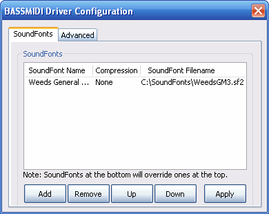 BASSMIDI Driver Configuration Utility SoundFonts Settings