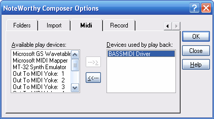 BASSMIDI Driver NoteWorthy Composer MIDI Device Configuration